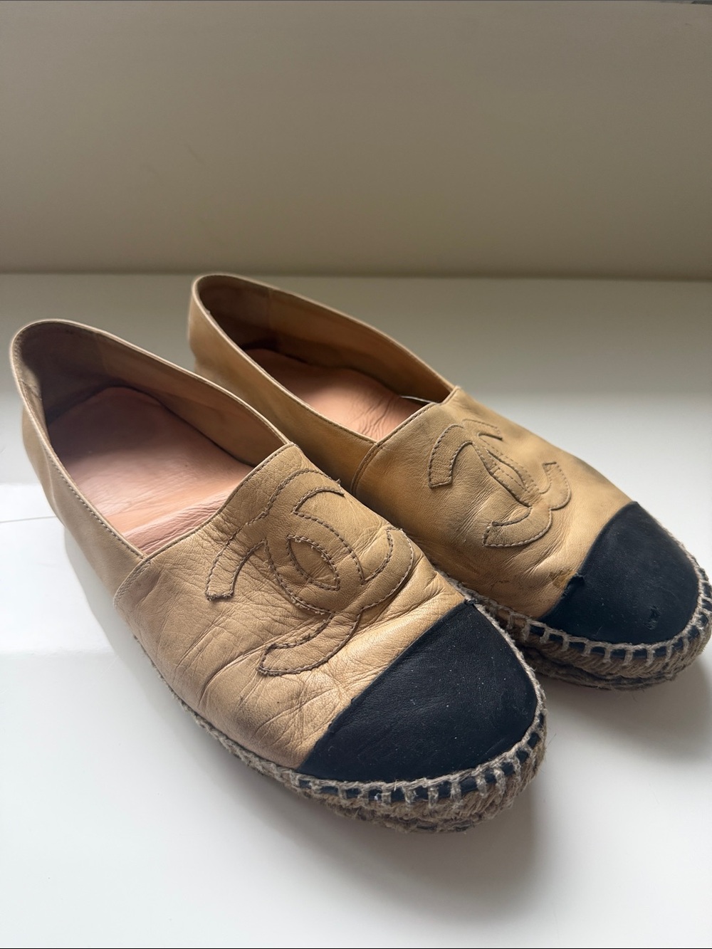 CHANEL Beige Leather Espadrilles with Black Cap Toe